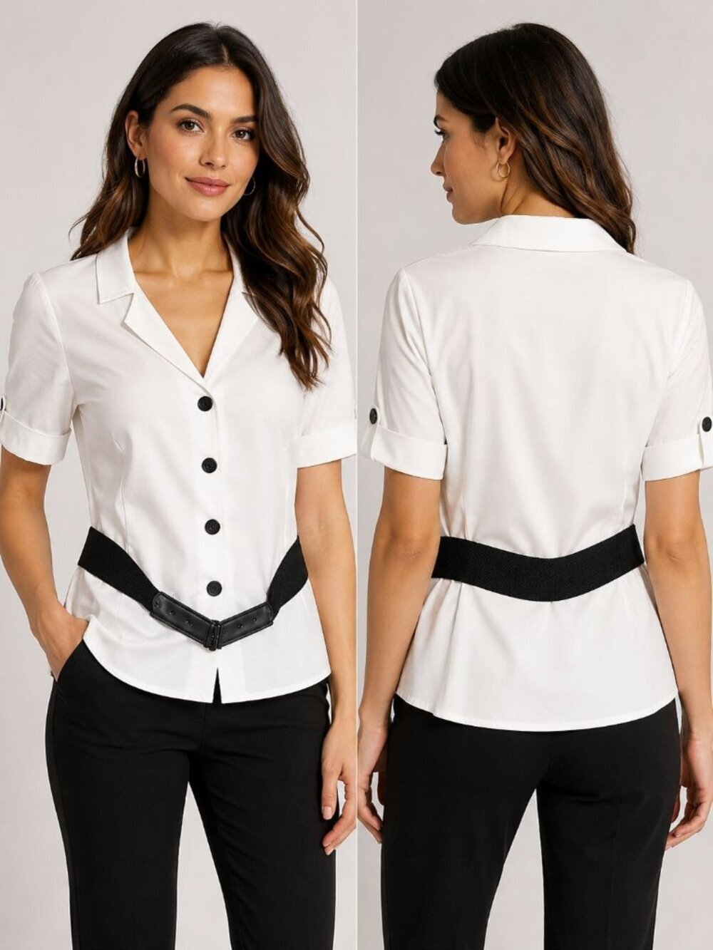 Alfani White Button-Down Blouse With Black Belt Short Sleeves Size 8